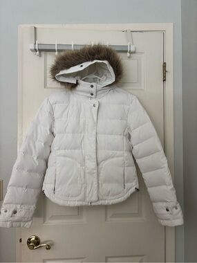White Puffer Jacket with Faux Fur Hood